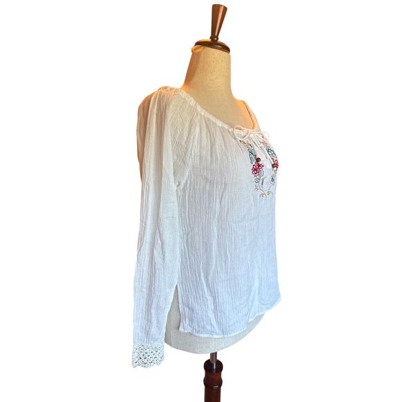 Vintage Ralsey White Embroidered Peasant Blouse Boho Long Sleeve Top Size M - Picture 2 of 9
